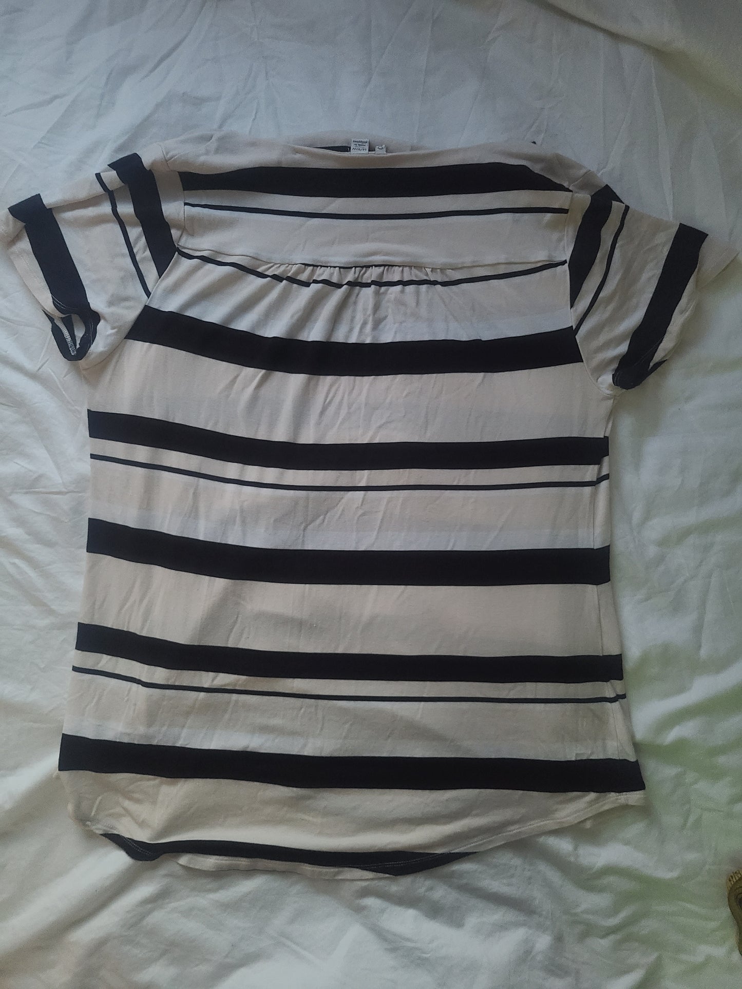 Cato Plus Size Black Beige Striped Boat Neck Short Sleeve Top