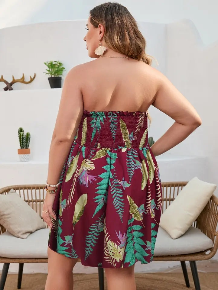 Finjani Plus Size Strapless Tropical Print Short Tube Dress