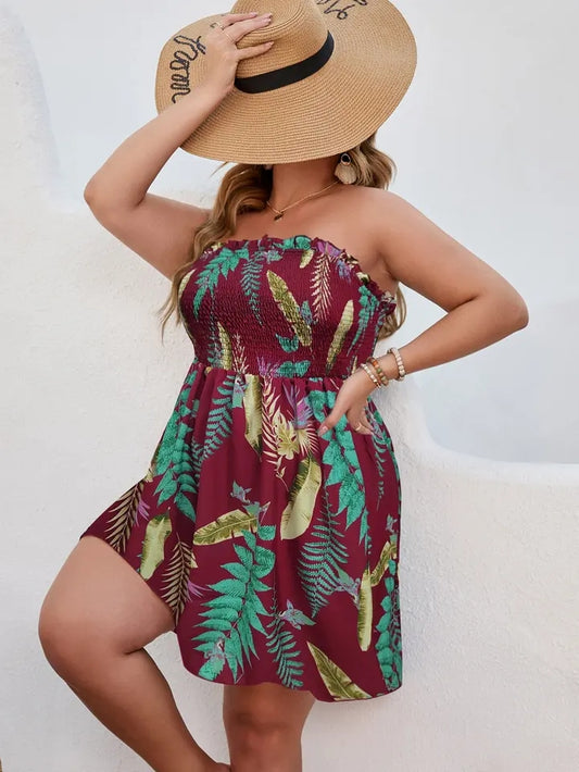 Finjani Plus Size Strapless Tropical Print Short Tube Dress