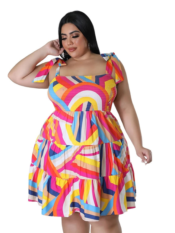 Plus Size Elastic Mini Print Sleeveless Dress