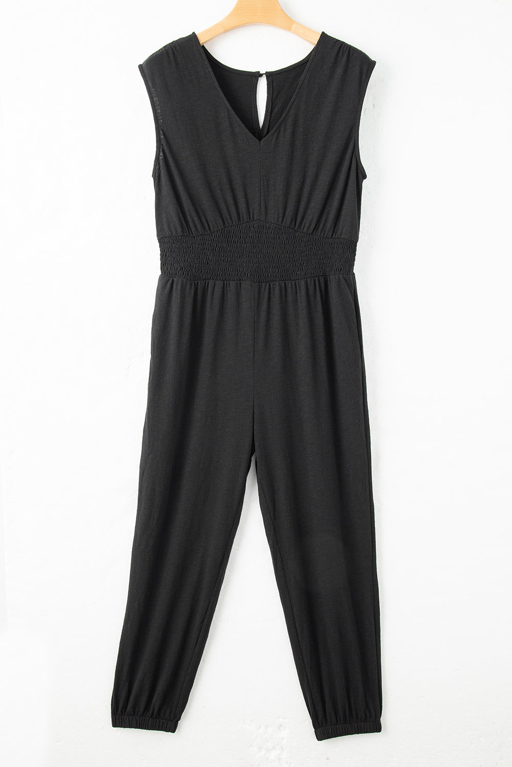 Plus Smocked High Waist Sleeveless V Neck Jumpsuit