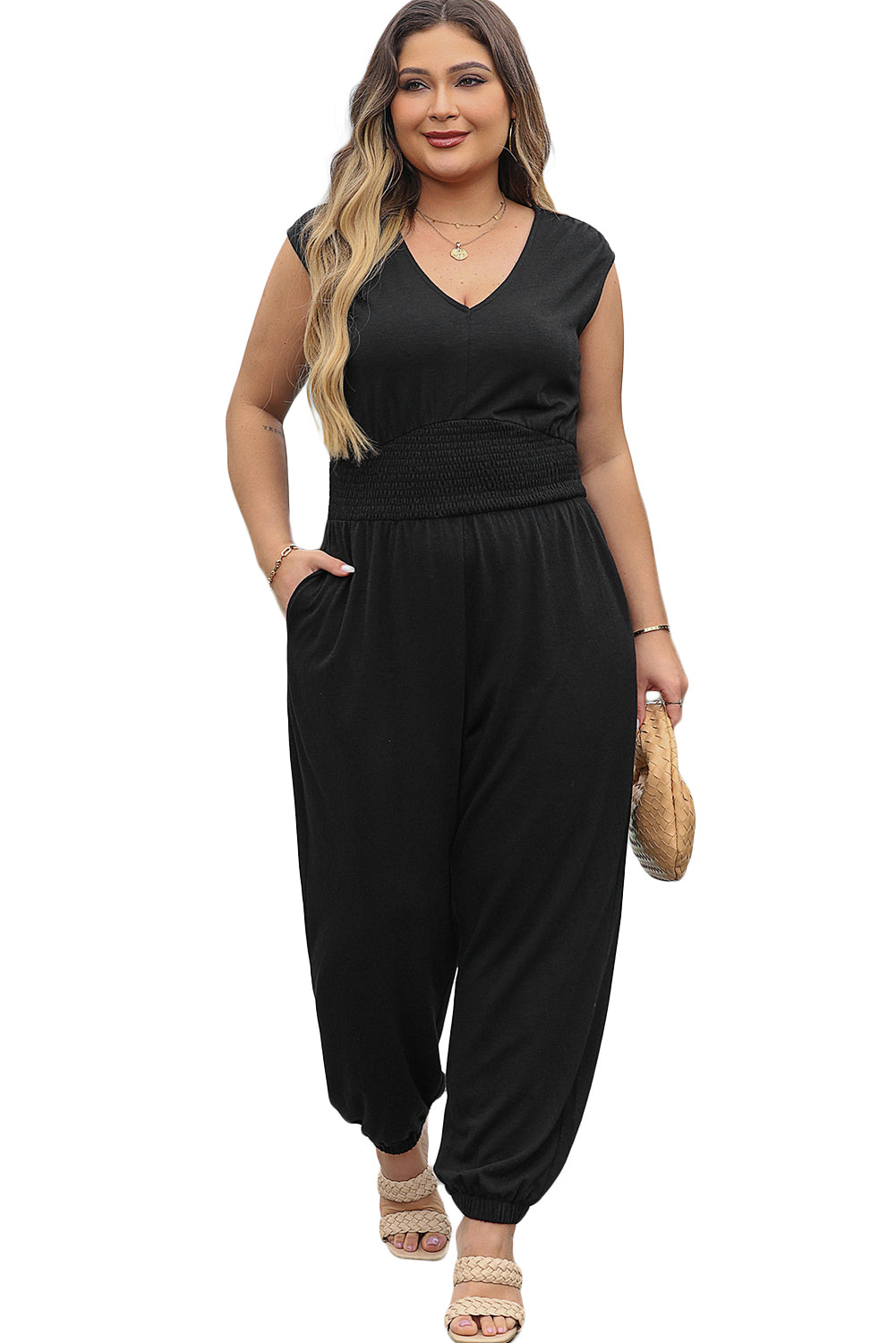 Plus Smocked High Waist Sleeveless V Neck Jumpsuit