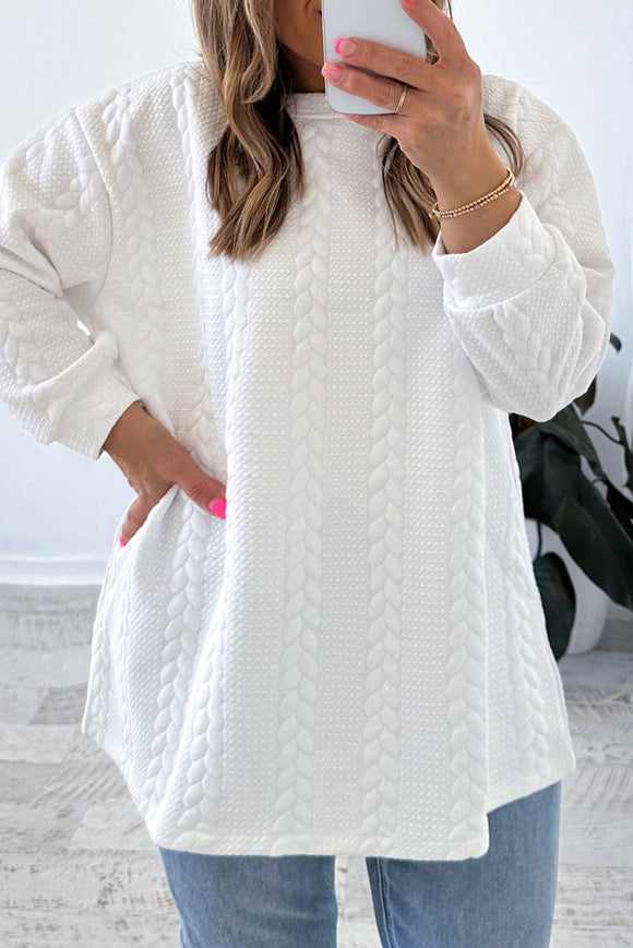 White Cable Textured Loose Sweatshirt