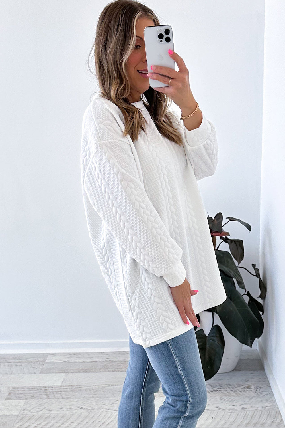 White Cable Textured Loose Sweatshirt