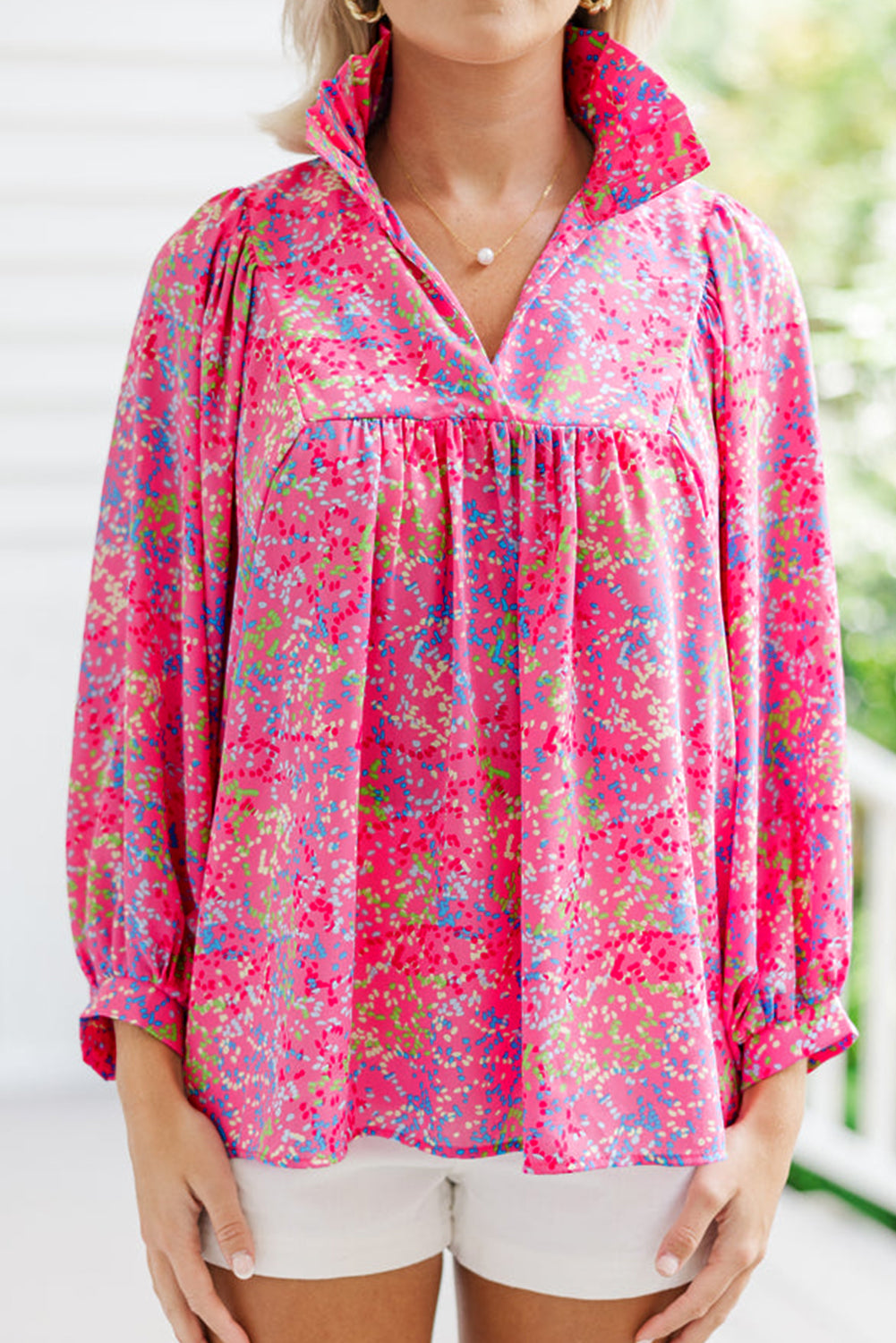 Plus Size Floral Print Puff Sleeve V Neck Blouse