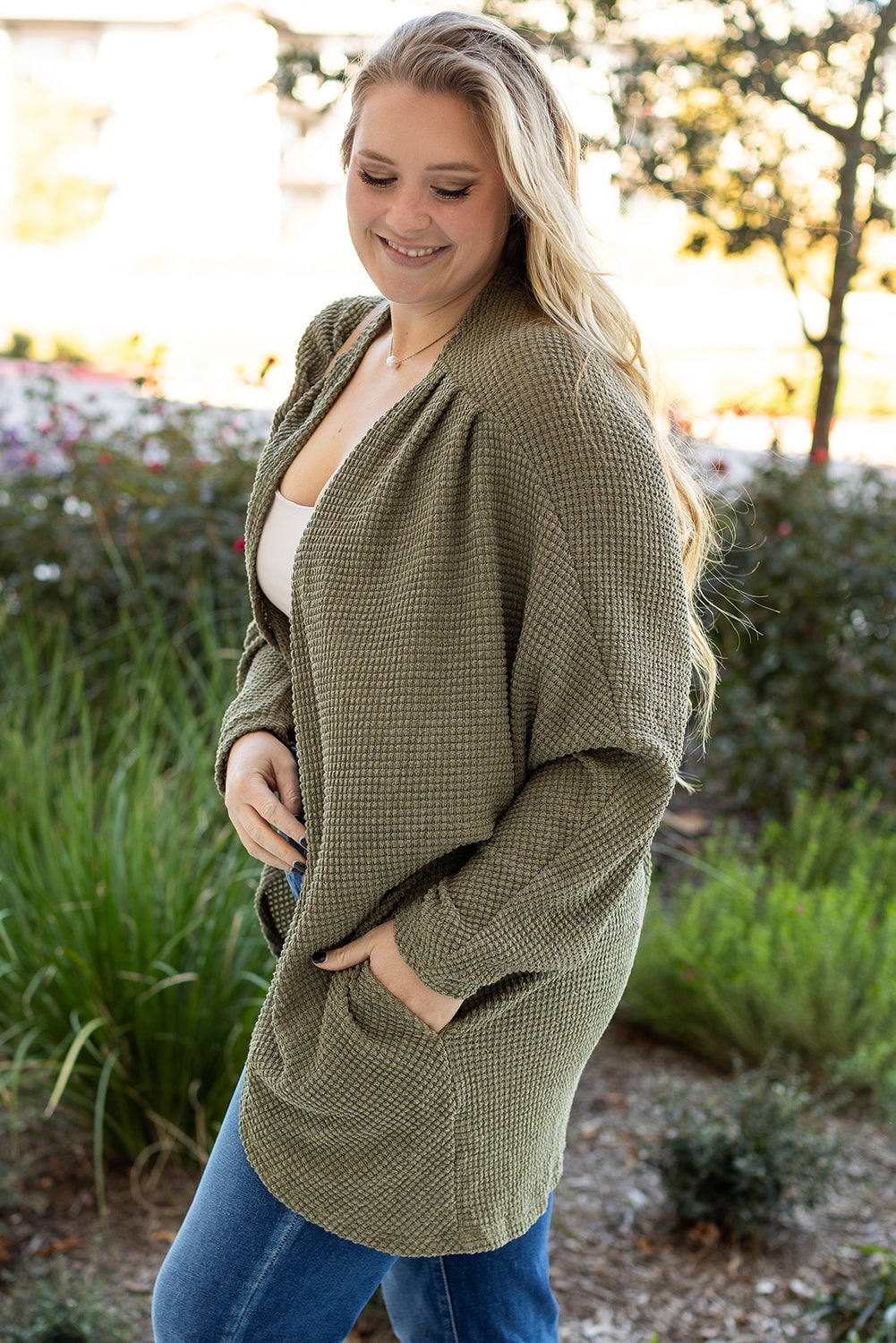 Waffle Knit Drop Shoulder Open Front Pocketed Plus Size Cardigan