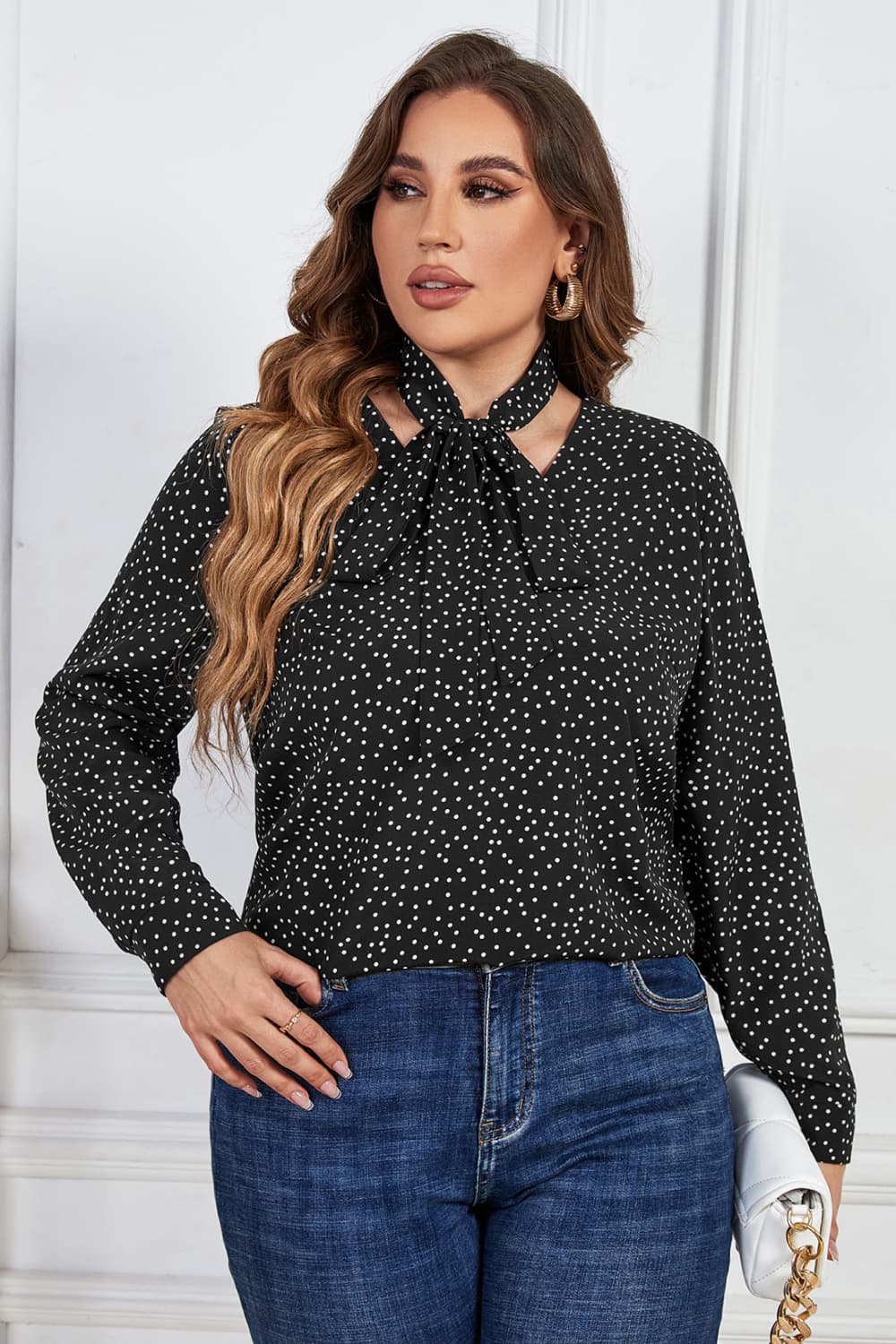 Plus Size Printed Tie Neck Long Sleeve Blouse