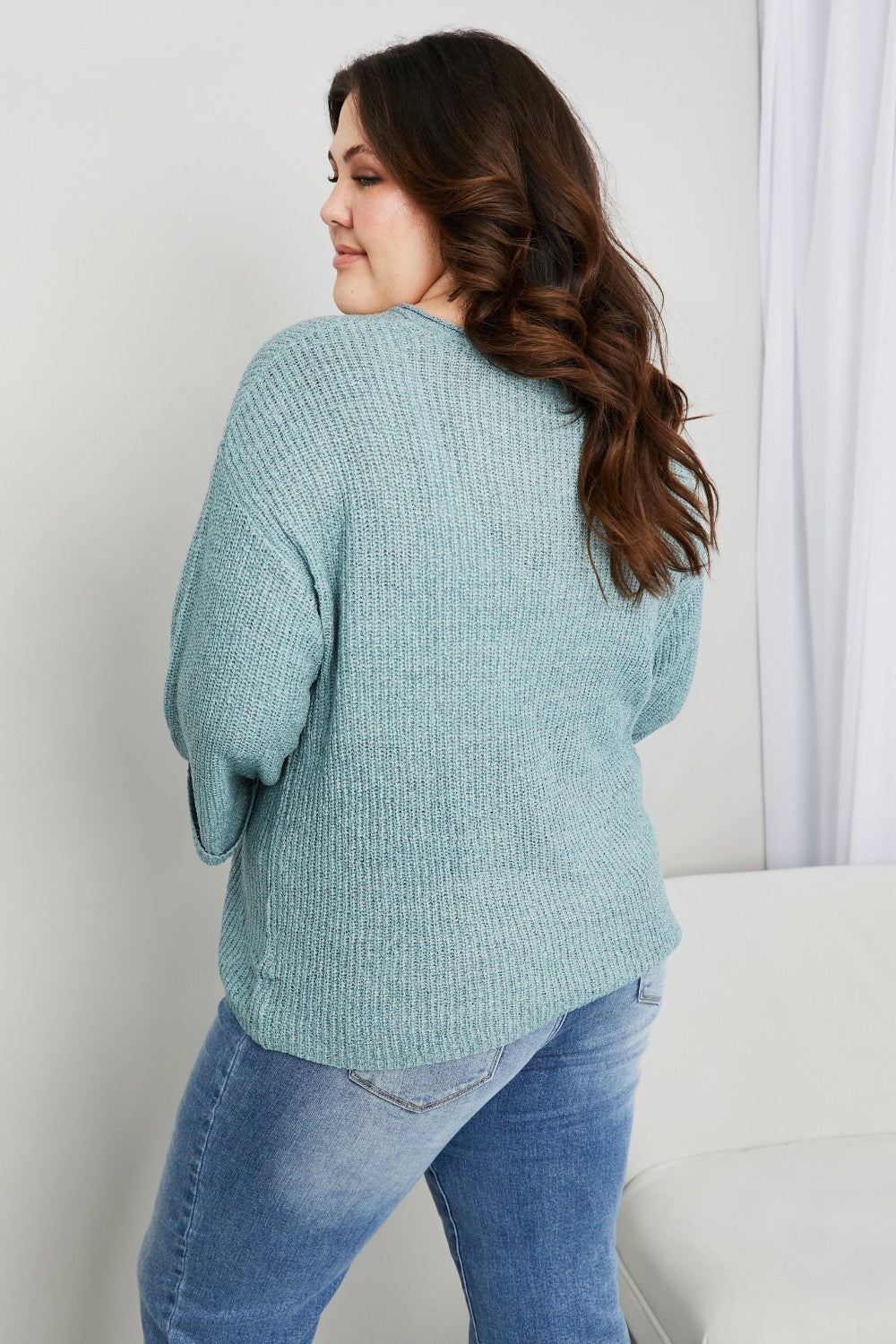 Mine and E&M Full Size Three-Quarter Sleeve Notched Sweater