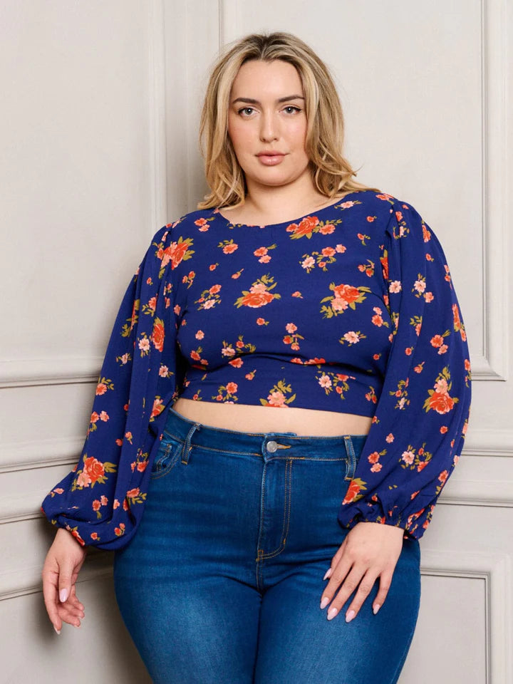 PLUS SIZE LONG PUFF SLEEVE FLORAL CROP TOP