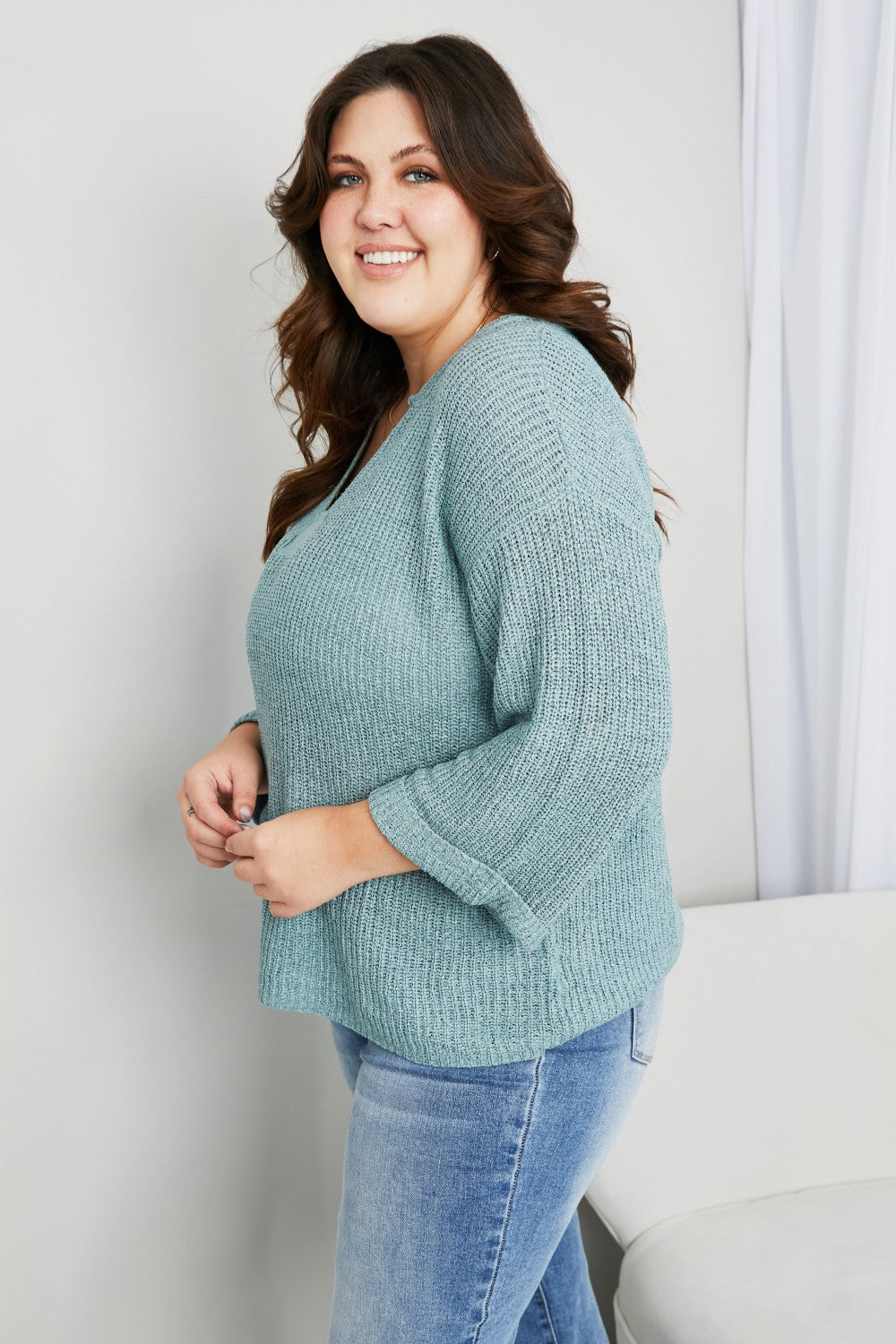 Mine and E&M Full Size Three-Quarter Sleeve Notched Sweater