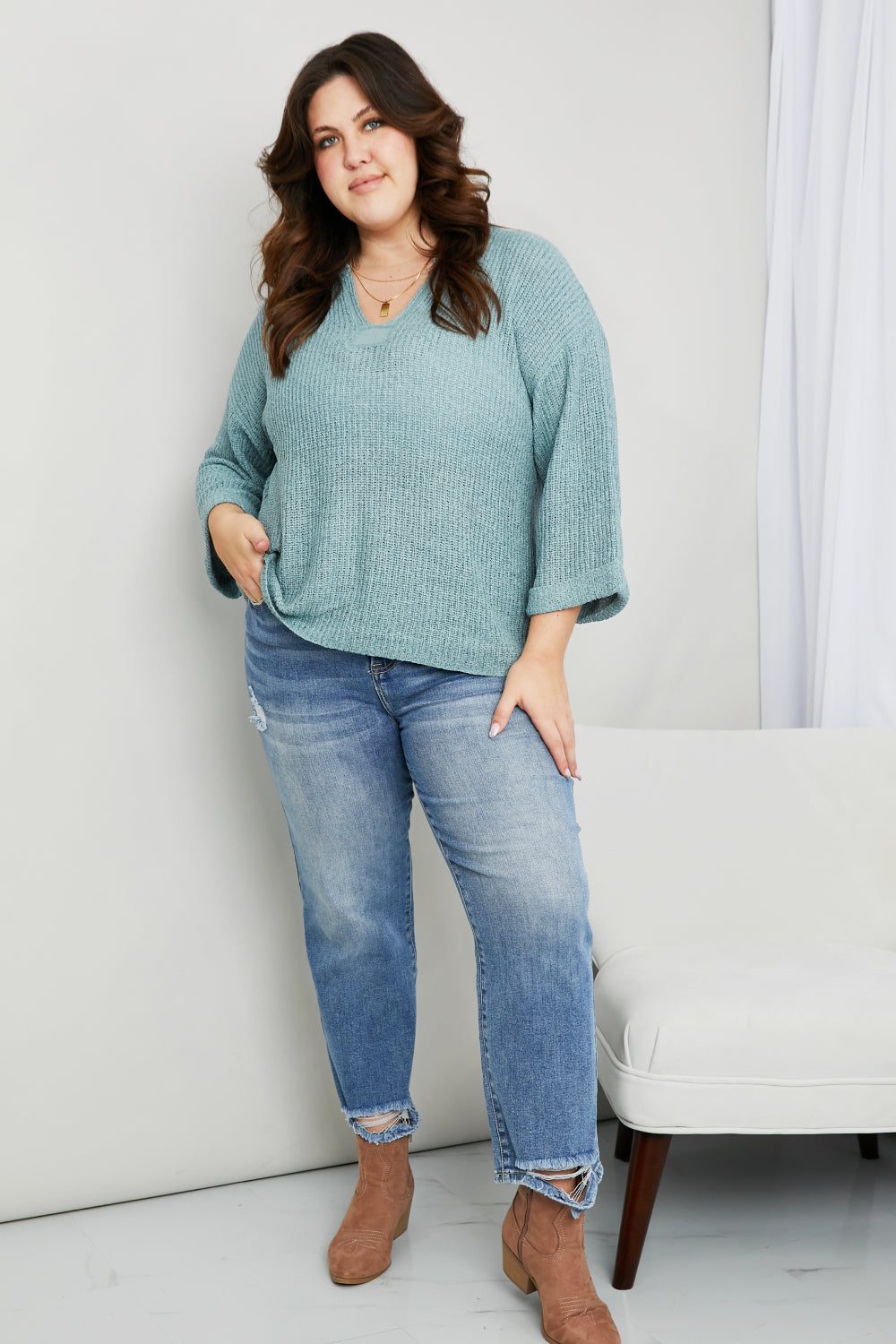 Mine and E&M Full Size Three-Quarter Sleeve Notched Sweater