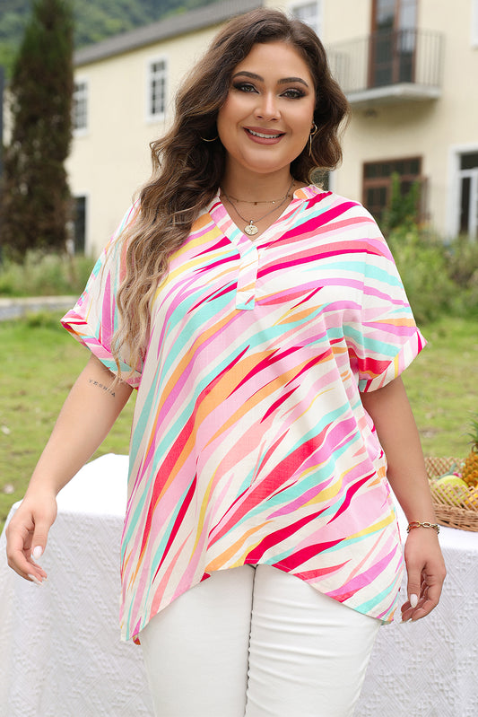 Plus Size Printed Notched Short Sleeve Blouse