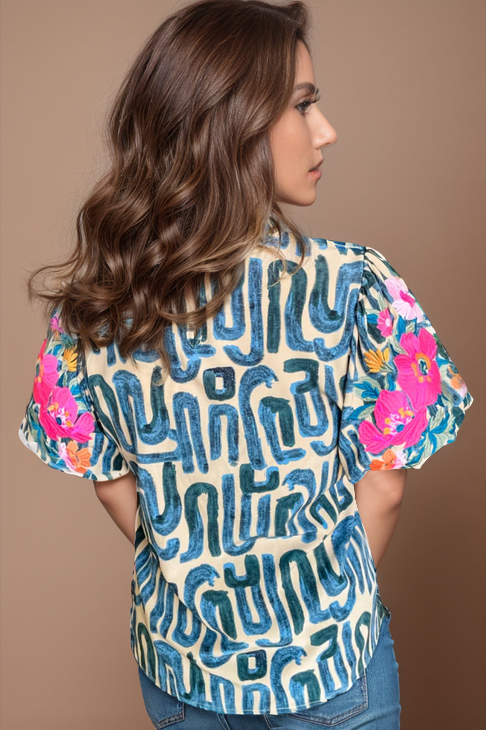 Plus Size Printed Mock Neck Short Sleeve Blouse