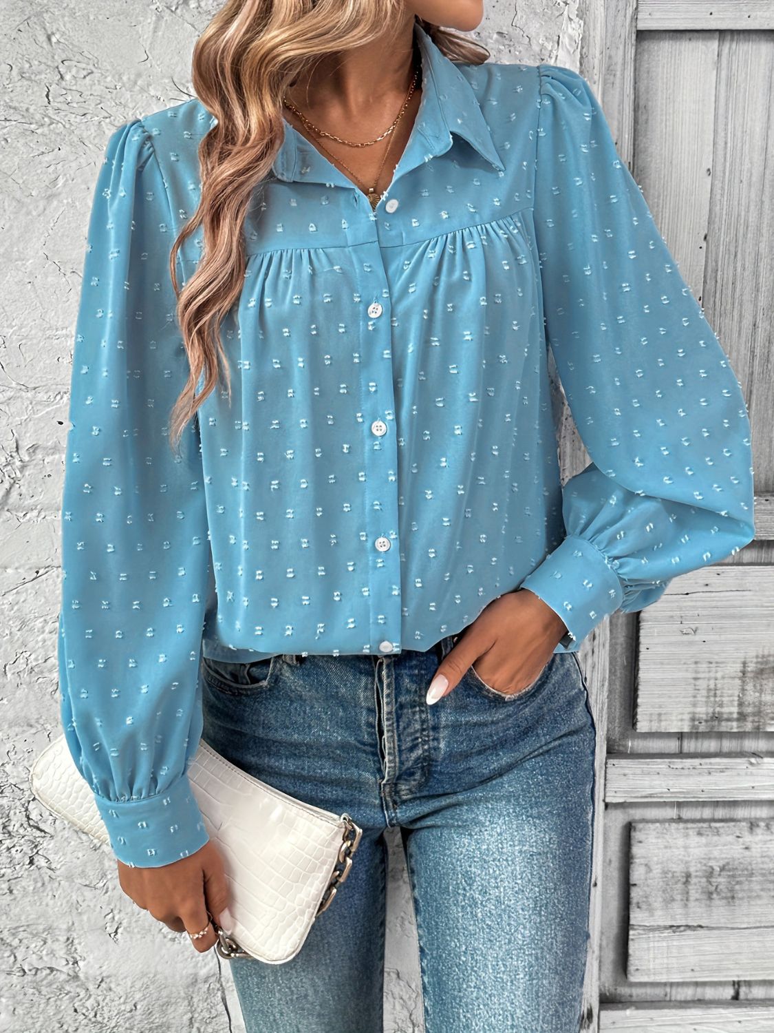 Full Size Swiss Dot Collared Neck Long Sleeve Shirt