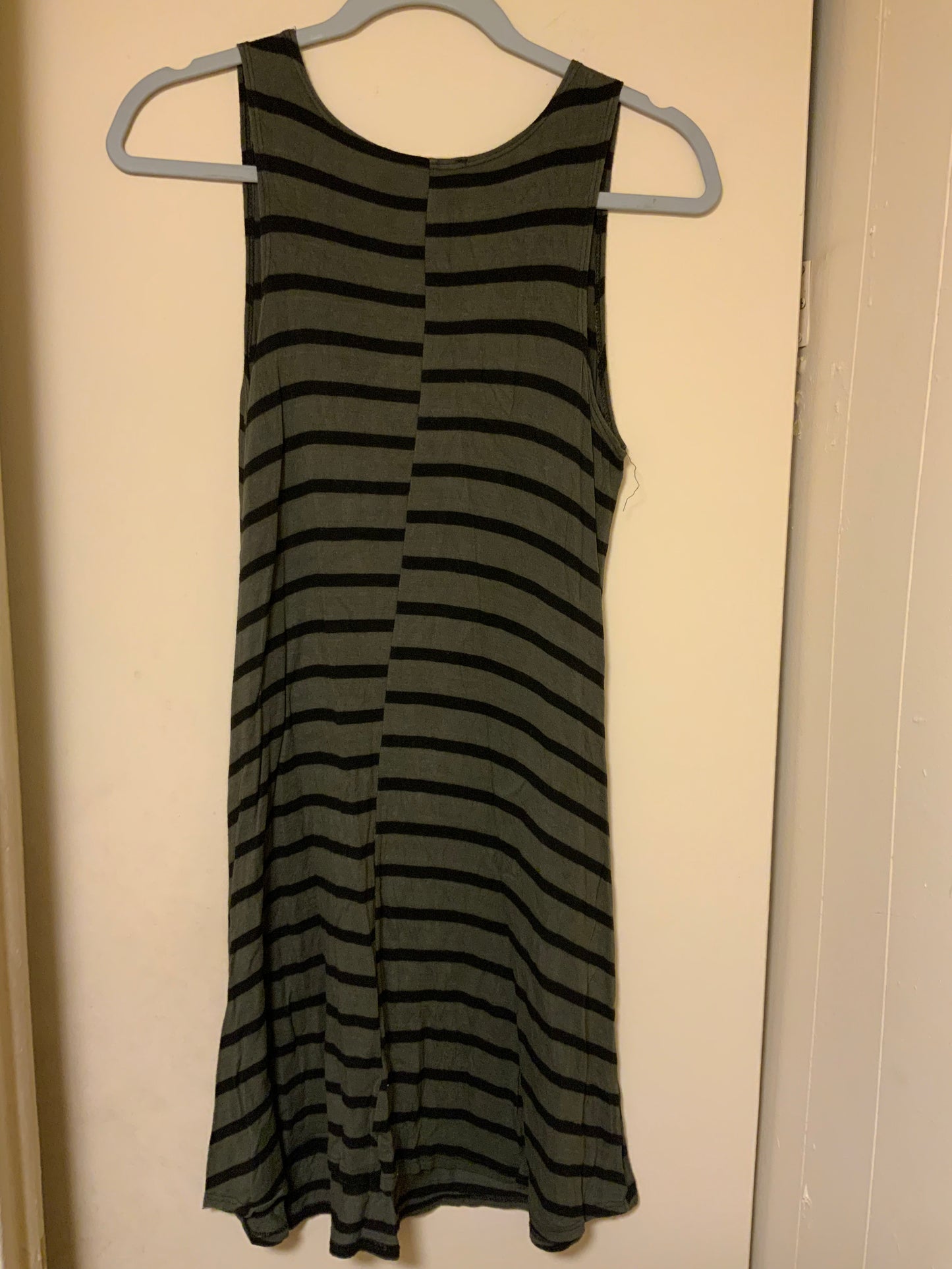 Pinc Striped Sleeveless Crew Neck Casual Dress in Army Green