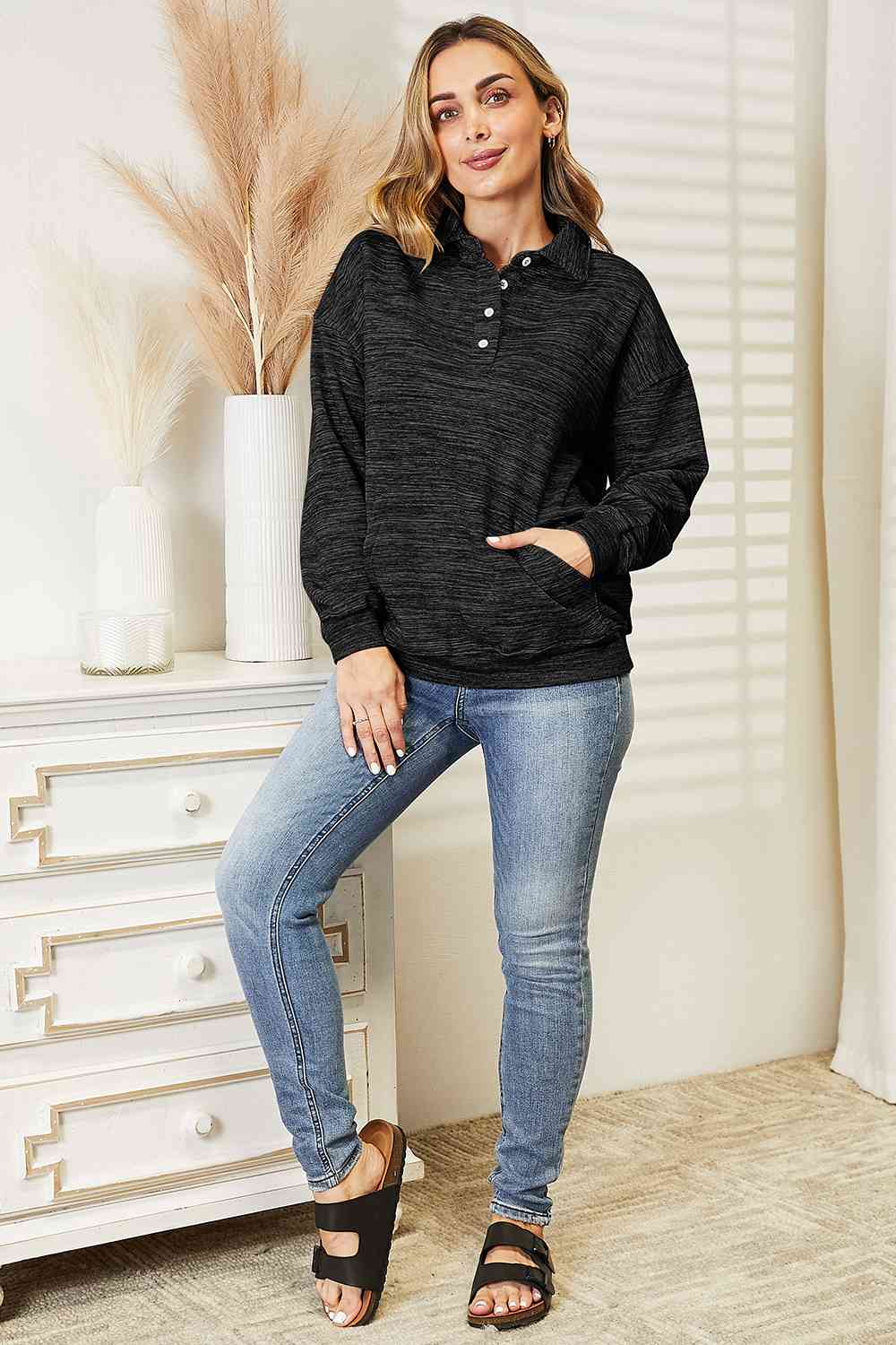 Ninexis Full Size Quarter-Button Collared Sweatshirt