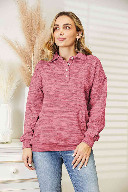 Ninexis Full Size Quarter-Button Collared Sweatshirt