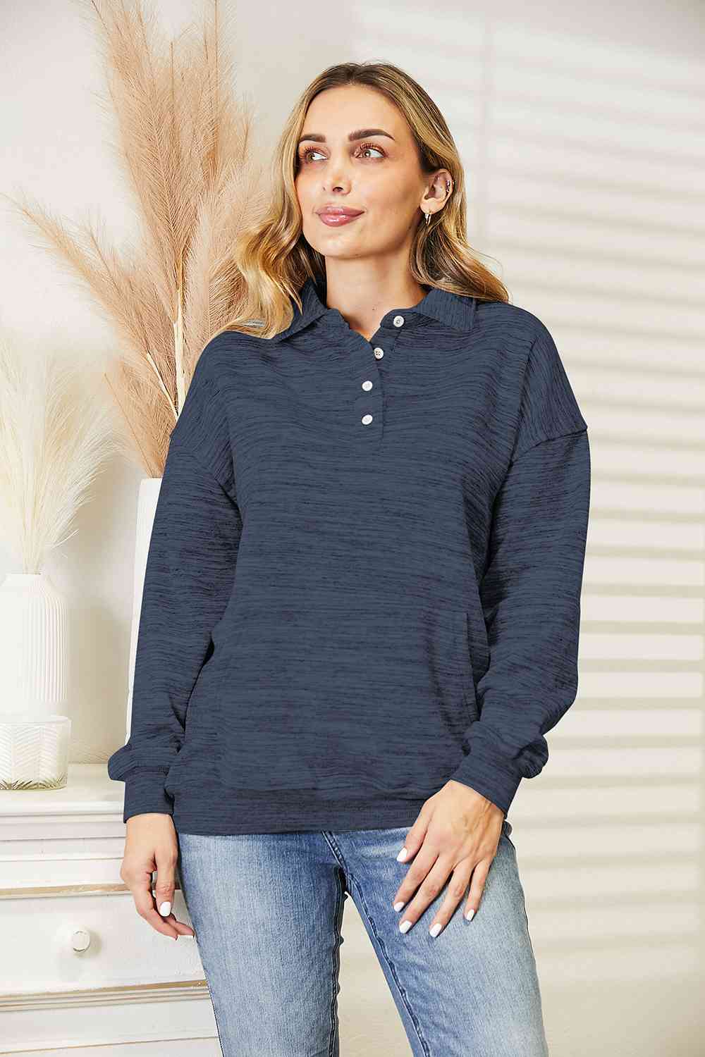 Ninexis Full Size Quarter-Button Collared Sweatshirt