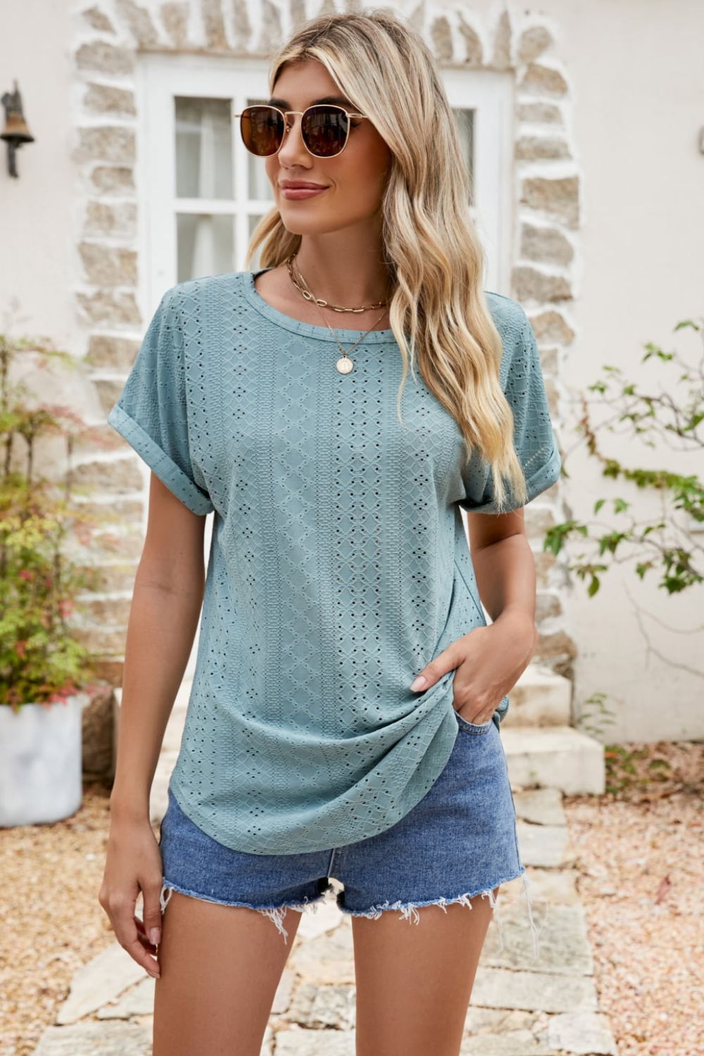 Full Size Round Neck Eyelet Short Sleeve Top