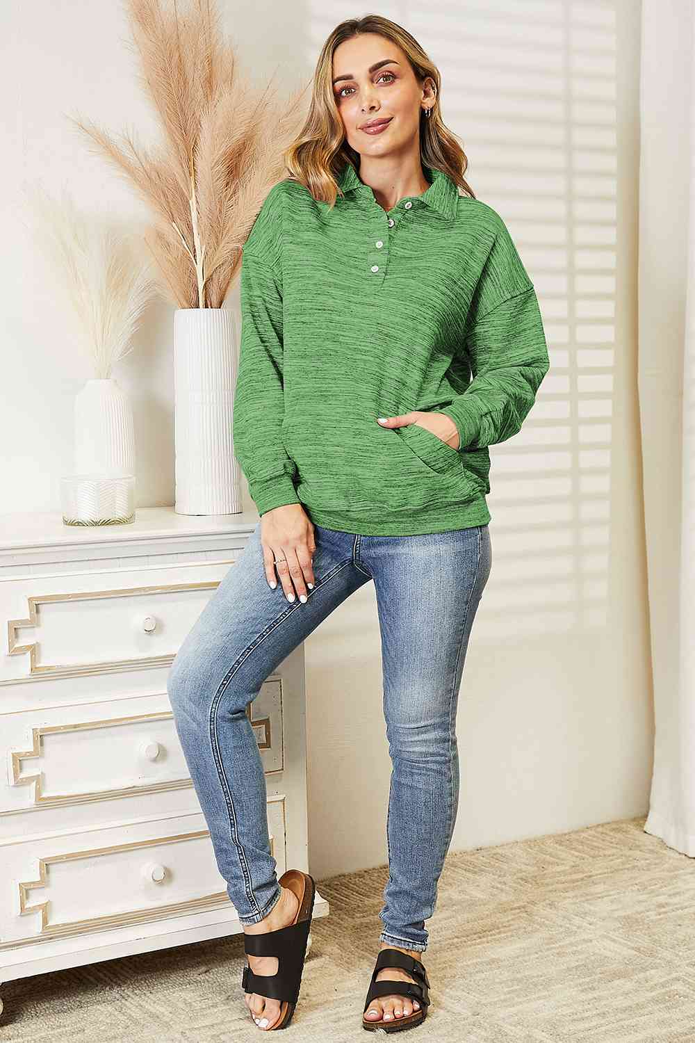 Ninexis Full Size Quarter-Button Collared Sweatshirt