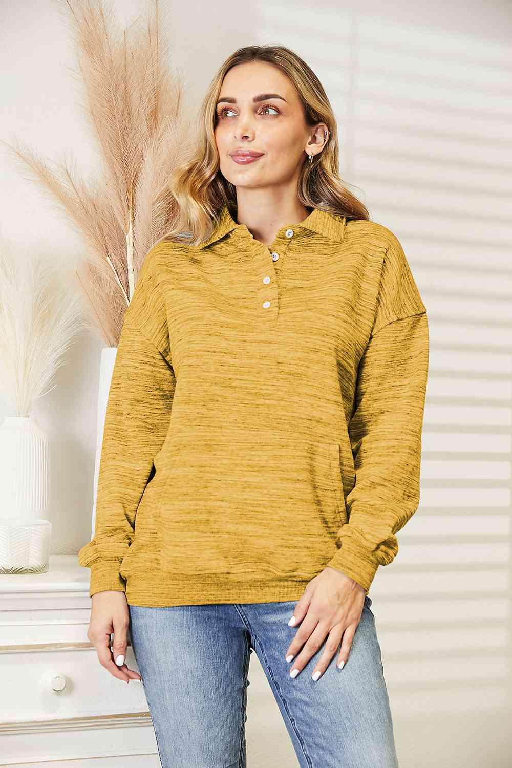 Ninexis Full Size Quarter-Button Collared Sweatshirt