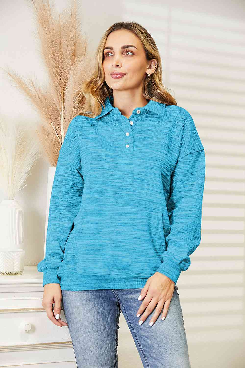 Ninexis Full Size Quarter-Button Collared Sweatshirt