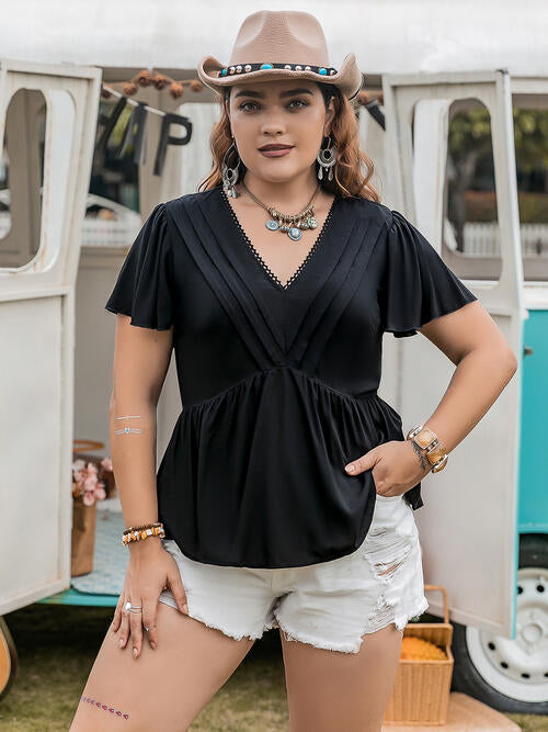 Plus Size V-Neck Flutter Sleeves Blouse